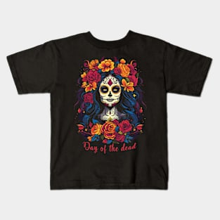 Day of the dead; el Día de Muertos; Mexico; Mexican; sugar skull; beautiful; woman; colorful; bright colors; black shirt; skeleton; celebration; celebrate; party; fiesta; halloween; dark; skull; Kids T-Shirt